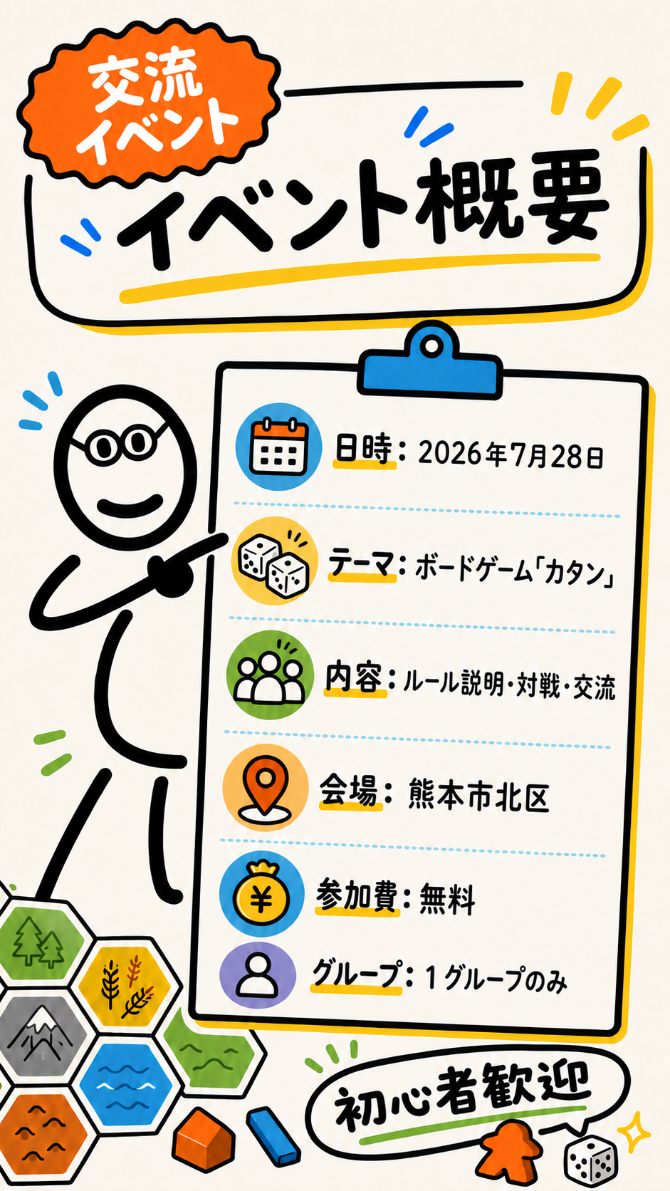 日時は2026年7月28日、テーマはボードゲーム カタン、会場は熊本市北区、参加費は無料、1グループのみ、初心者歓迎