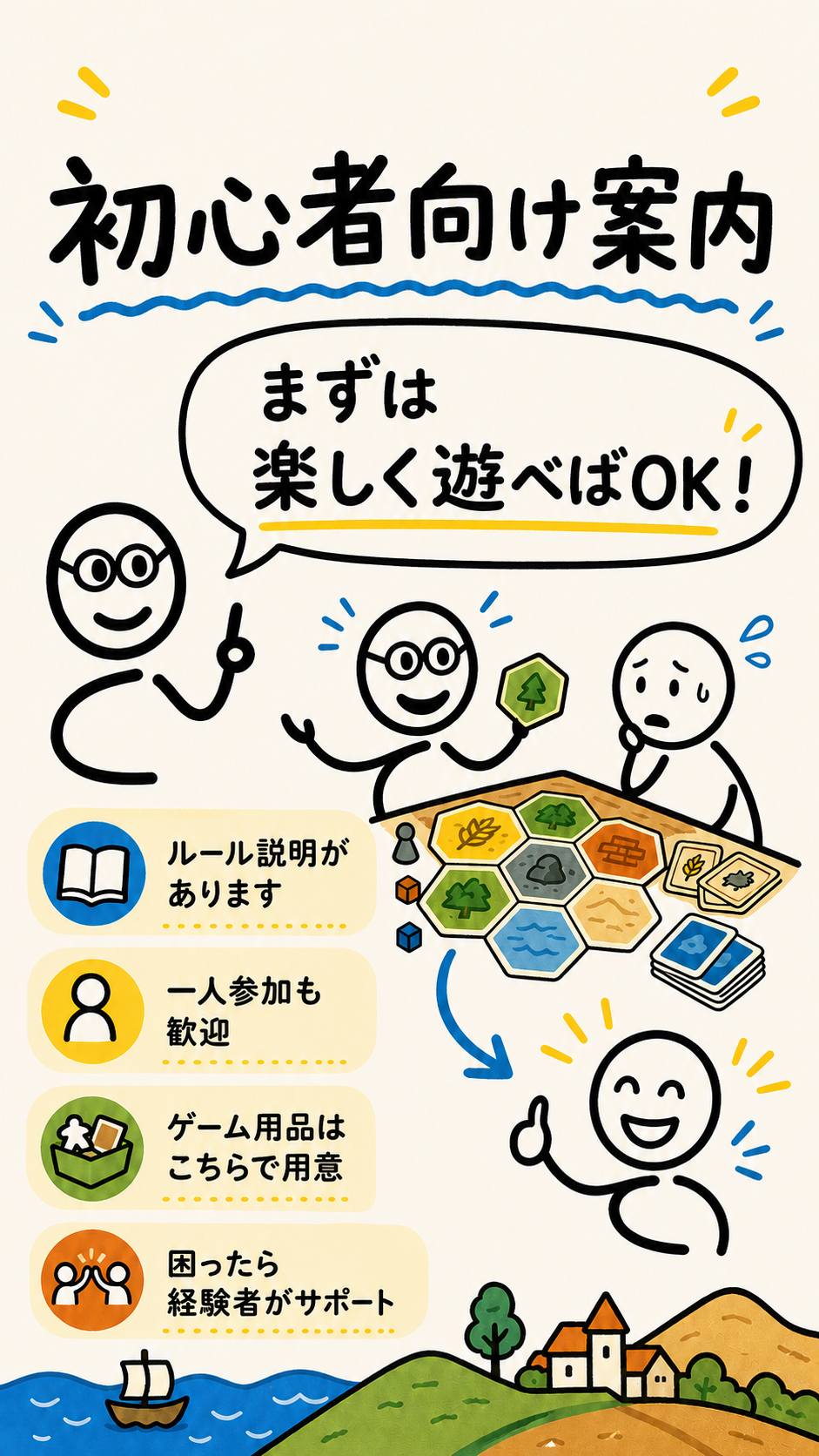 ルール説明、一人参加歓迎、ゲーム用品を用意、経験者がサポート。まずは楽しく遊べばOK